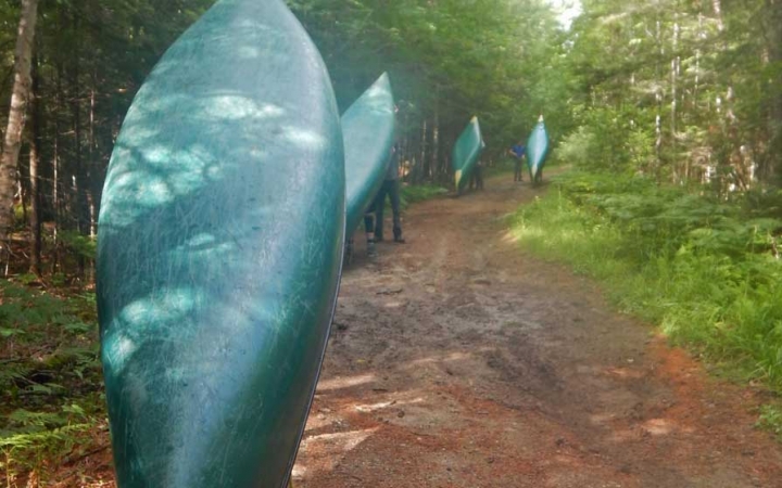 Four upside-down canoes are carried along a trail through a green wooded area